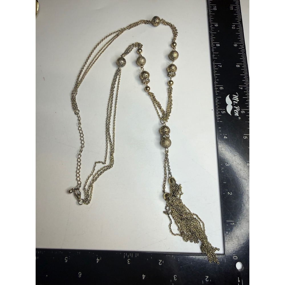 Gold Tone Multi Strand Tassel Necklace Filigree Bead Rhinestone Long Chain 36in